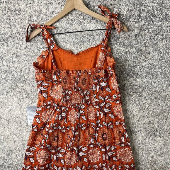 Maisie Women's 100% Cotton Orange Floral Print Smocked Back Midi Dress Sz Large - Picture 7 of 8